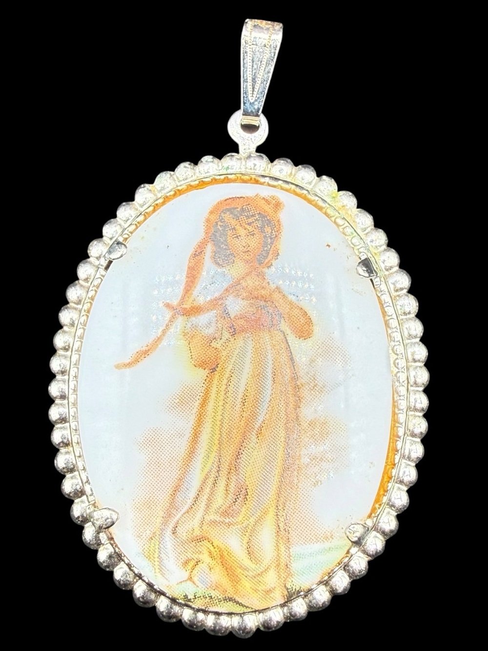 Vintage Victorian Oval Portrait Pendant in Gold Silver Tones
